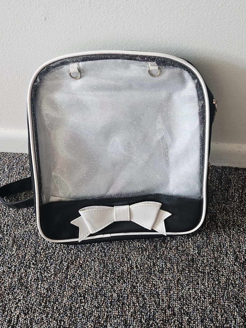 Ita Bag Clear Front Black Backpack with White Bow, String Lights Inside
